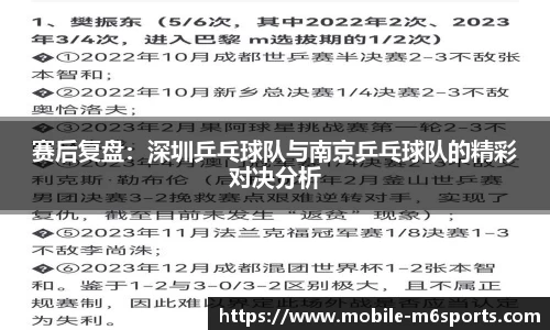 赛后复盘：深圳乒乓球队与南京乒乓球队的精彩对决分析